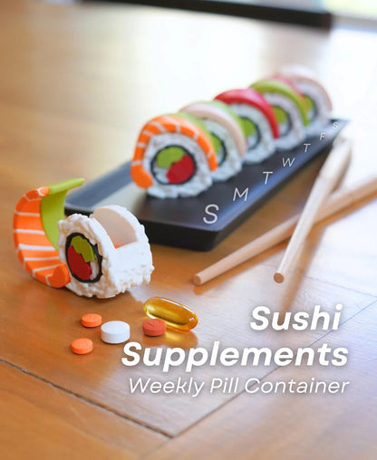 3D Printed Sushi Supplement Organizer & Keychain Set | Cute Weekly Supplement Container | Fun Sushi-Themed Keychains | Travel Supplement Case for Vitamins
