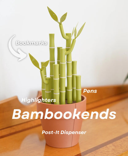 3D Printed Bamboo Bookends | Functional Desk Organizer for Pens, Highlighters, Post-it Notes, Bookmarks | Plant Decor for Home Office Gifts