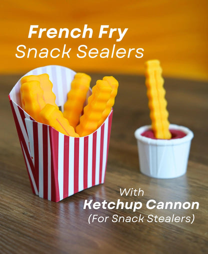 3D Printed French Fry Bag Sealers with Ketchup Cannon, Fun Snack Clips for Kitchen - Unique Chip Bag Clip, Kitchen Gadget & Gift for Foodies